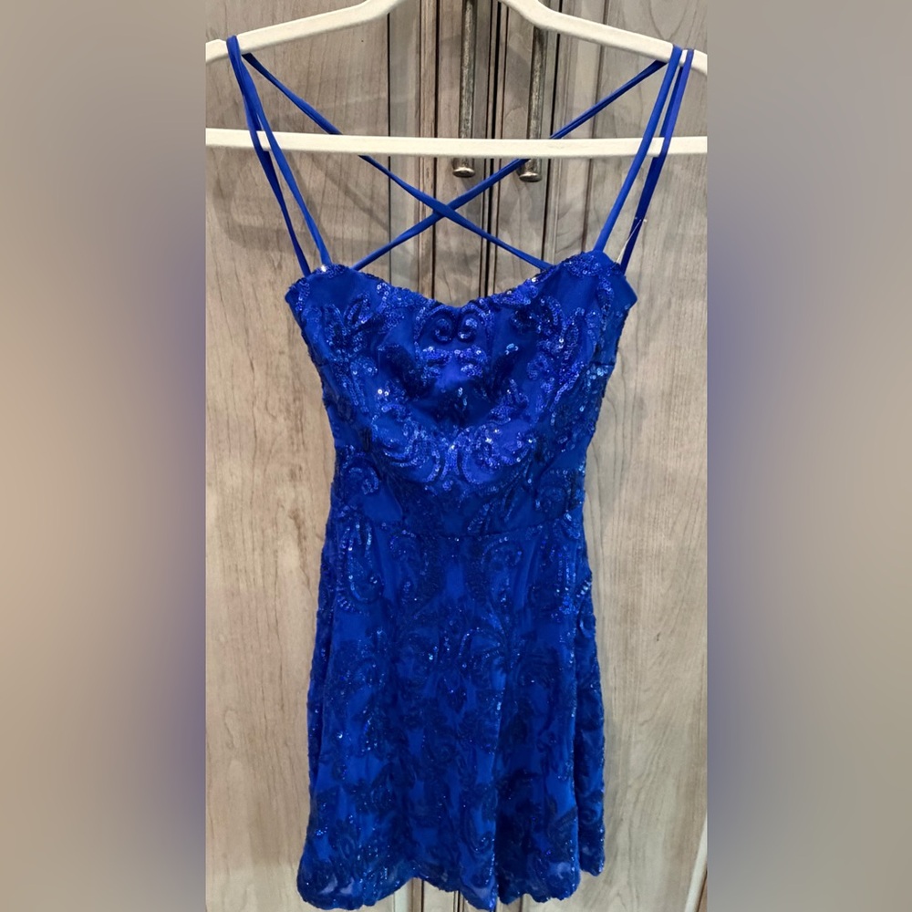 Lovesome Royal Blue Beaded Spaghetti Formal Strap Dress Small